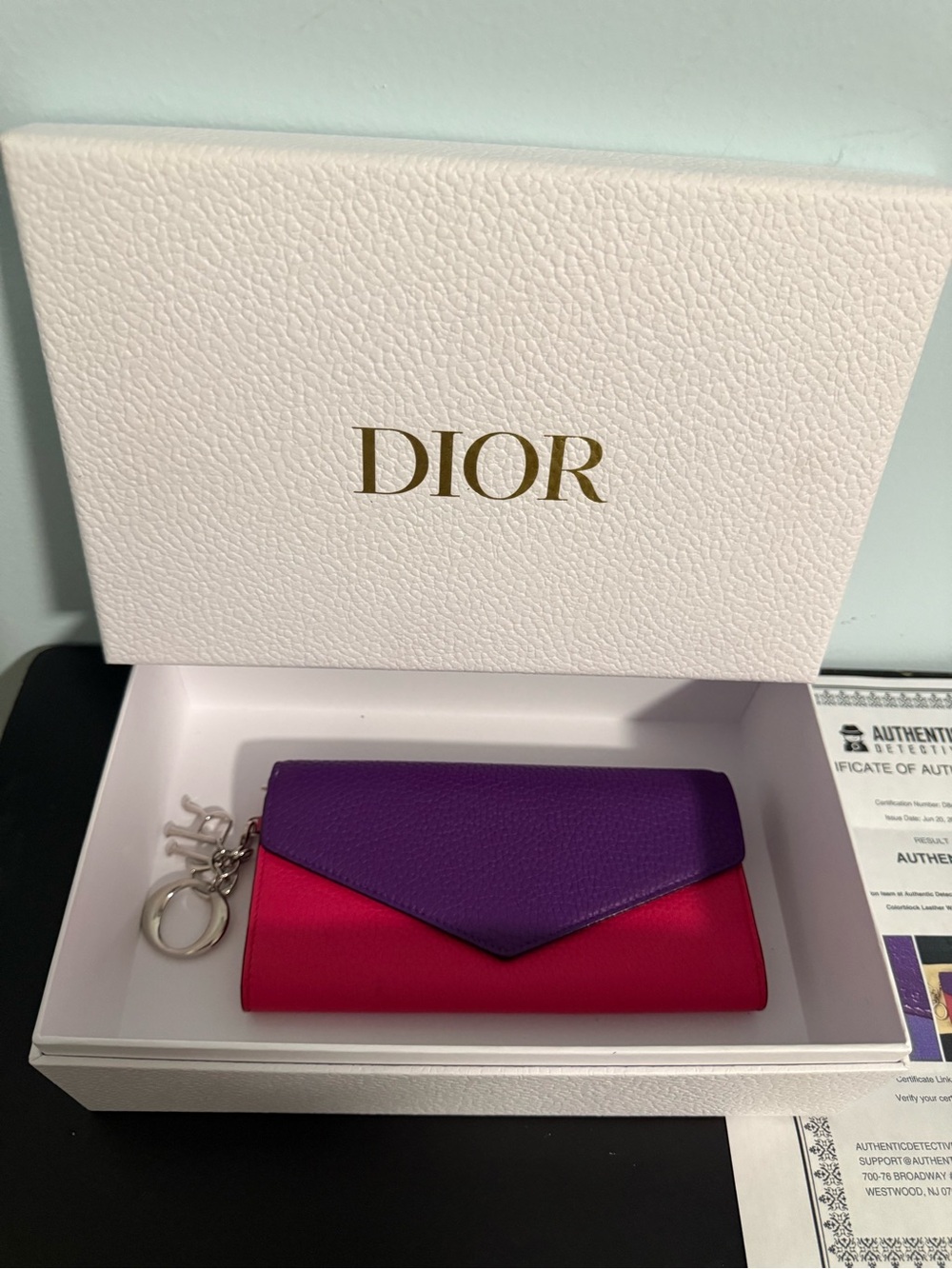Dior Colorblock Purple & Pink Leather wallet with Dior Charm! Like New